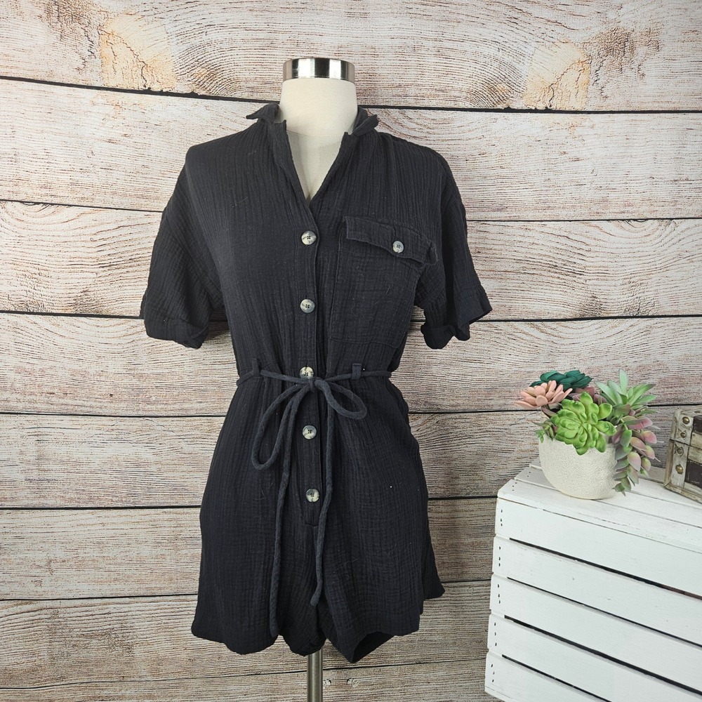 Madewell Lightspun Button Down Safari RomperShort Sleeve Casual Black XS